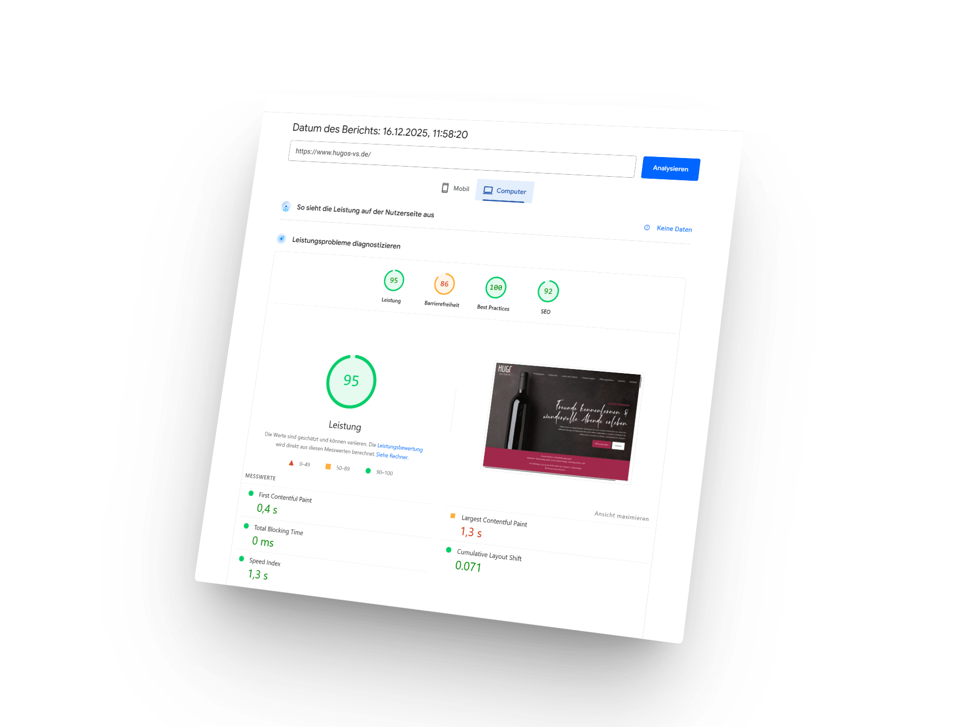 Google Lighthouse Pagespeed Hugos Weinbar